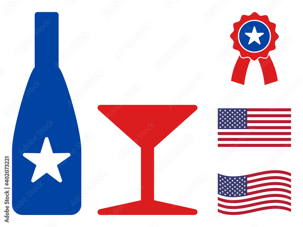 Alcohol drinks icon in blue and red colors with stars. Alcohol drinks illustration style uses American official colors of Democratic and Republican political parties, and star shapes. Alcohol drinks icon in blue and red colors with stars. Alcohol drinks illustration style uses American official colors of Democratic and Republican political parties, and star shapes.