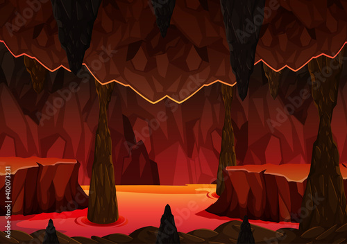 Infernal dark cave with lava scene