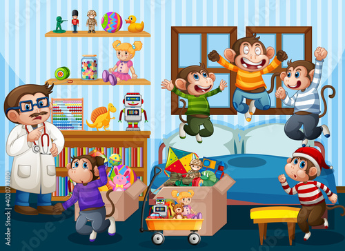 Five little monkeys jumping on the bed scene