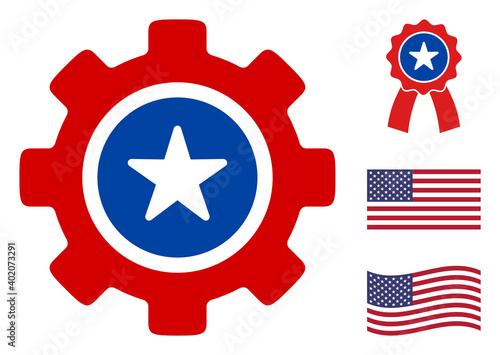 Gear icon in blue and red colors with stars. Gear illustration style uses American official colors of Democratic and Republican political parties, and star shapes. Simple gear vector sign,