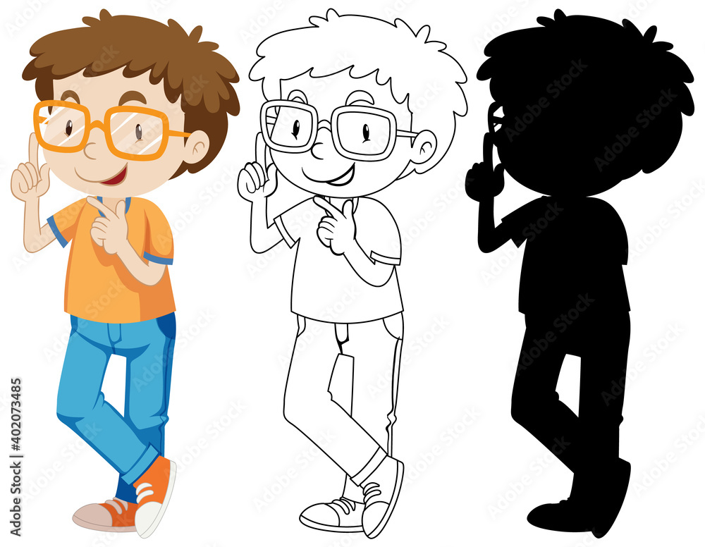 Nerdy boy in colour and outline and silhouette Nerdy boy in colour and outline and silhouette