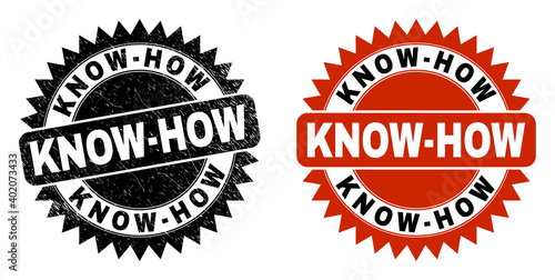 Black rosette KNOW-HOW seal stamp. Flat vector scratched seal stamp with KNOW-HOW phrase inside sharp rosette, and original clean version. Watermark with corroded style.