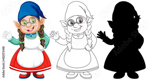 Gnome in color and outline and silhouette in cartoon character on white background