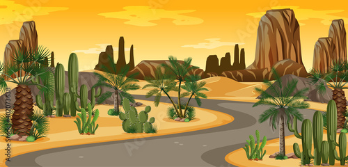 Desert oasis with palms and road nature landscape scene