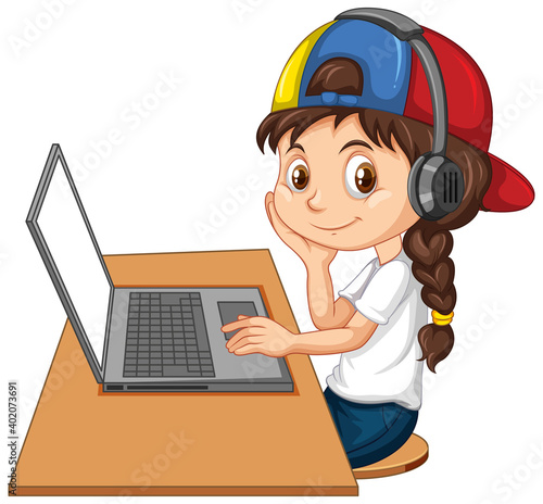 A girl with laptop on the table on white background