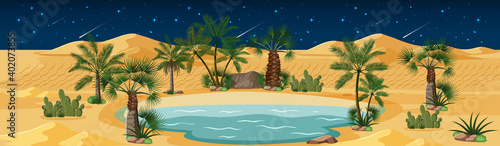 Desert oasis with palms and catus nature landscape at night scene