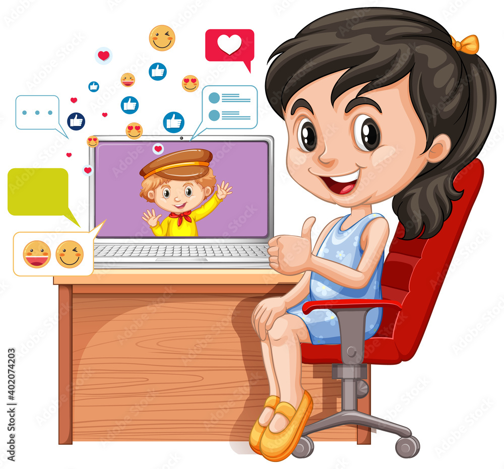 Children with social media elements on white background