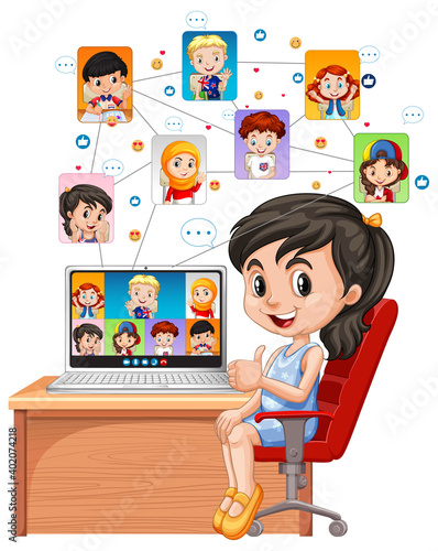 A girl communicate video conference with friends on white background