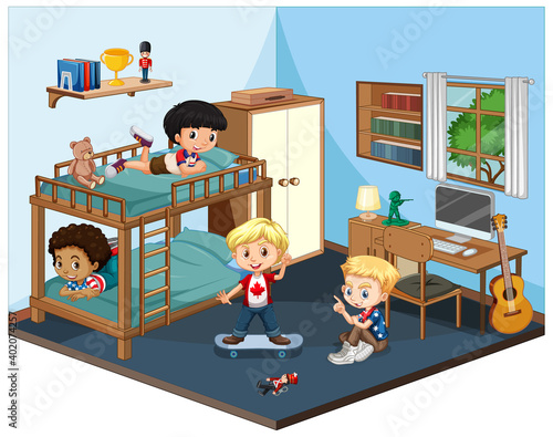 Kids in the bedroom scene on white background