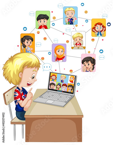 A boy using laptop for video call with friend on white background