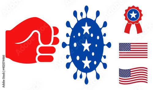 Fist strikes coronavirus icon in blue and red colors with stars. Fist strikes coronavirus illustration style uses American official colors of Democratic and Republican political parties,