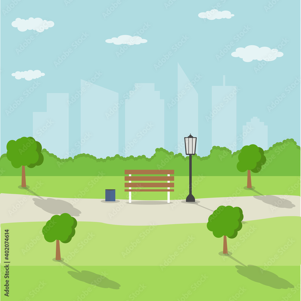 City park in the background of skyscrapers. Vector illustration.