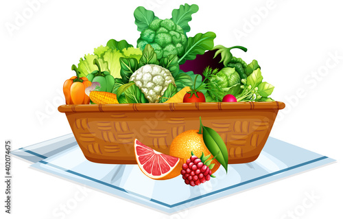 Vegetable and fruits in a basket isolated on white background