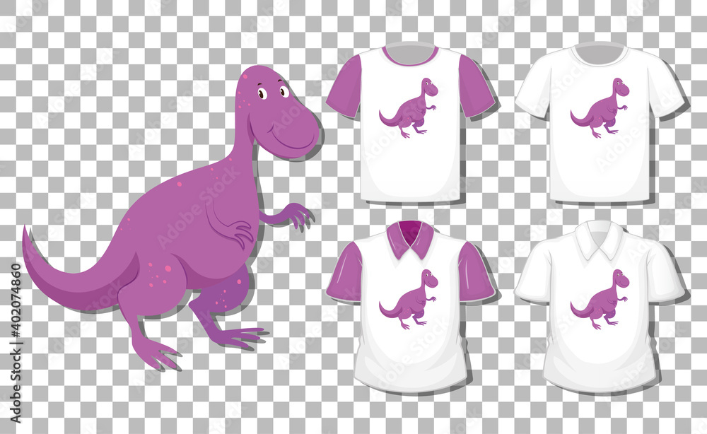 Dinosaur cartoon character with set of different shirts isolated on transparent background
