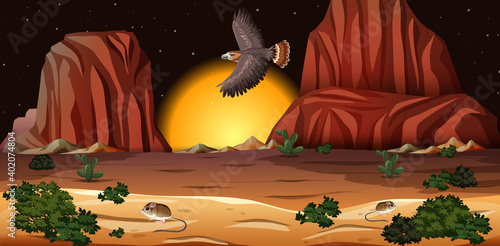 Desert with rock mountains landscape at night scene