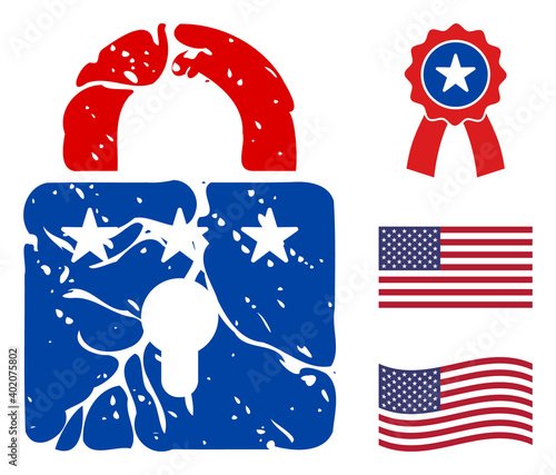 Rust lock icon in blue and red colors with stars. Rust lock illustration style uses American official colors of Democratic and Republican political parties, and star shapes.