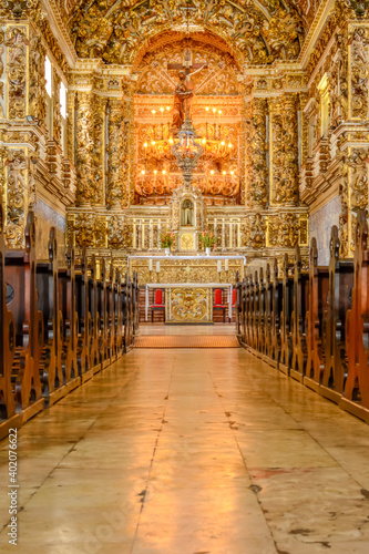 SALVADOR, BRAZIL 2 18: The Baroque architecture of Saint Francis Convent in Salvador, BA, Brazil with its wood-carved walls, saint images, and altars covered in pure gold on Feb 18, 2019 in Salvador.