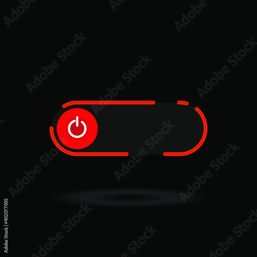 On Off switch toggle - slider style power buttons with shiny red shade neon light button round in black background, The On buttons are enclosed in red circle in black background