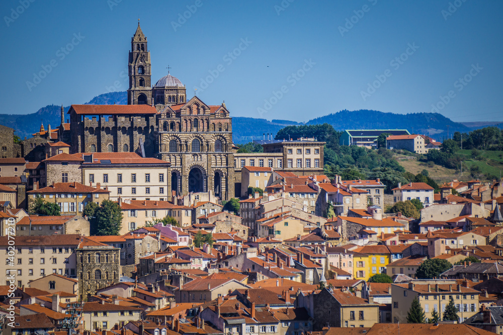 A view of the Cathedral and the old town of Le Puy en Velay taken from the St Joseph sanctuary in Espaly (Auvergne, France)
