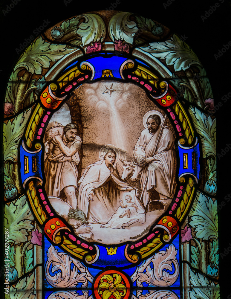 Early 20th century stained glass depicting the nativity scene in St Joseph sanctuary, Espaly St Marcel (Auvergne, France)