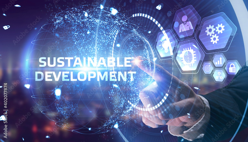 Fototapeta premium SUSTAINABLE DEVELOPMENT inscription, cloud technology concept. Business, Technology, Internet and network concept.