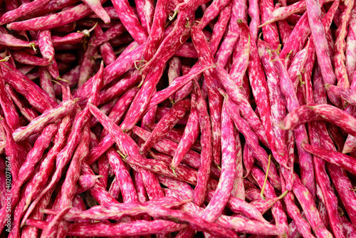 Принти на полотні Fresh raw pink speckled Borlottti string bean pods in a farmers market, Istanbul