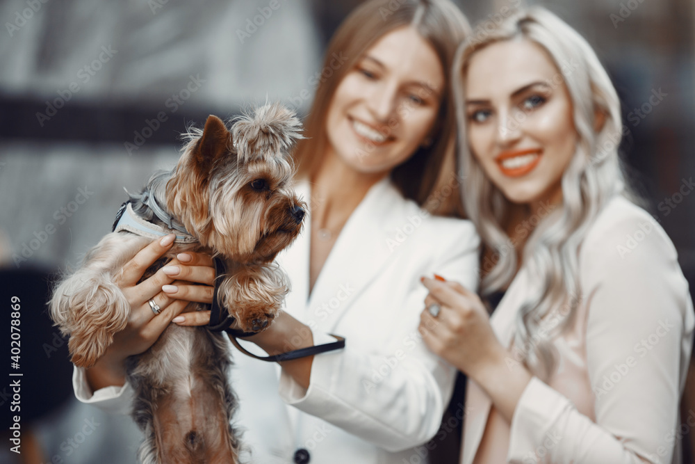 Ladies at the outdoors cafe. Women sitting at the table. Friends with a cute dog.