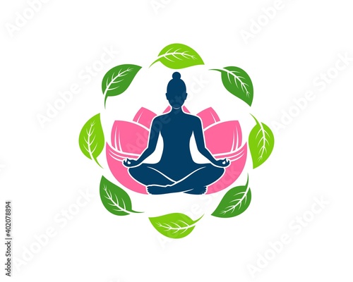 Women yoga with lotus flower and circular nature leaf