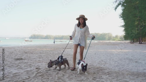 Two French bulldogs are walking on the beach on Sunday morning