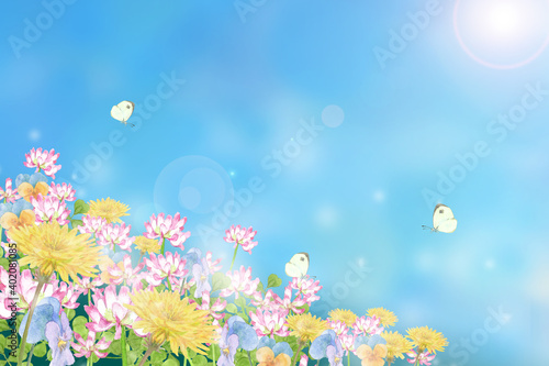 春の野原と蝶々の水彩イラスト