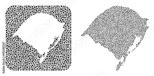Map of Rio Grande do Sul State mosaic created with round dots and carved shape. Vector map of Rio Grande do Sul State mosaic of dots in variable sizes and grey color tones.