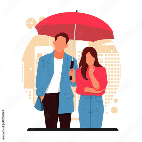 portrait of romantic couple posing with umbrella, for valentines day. flat design concept. vector illustration