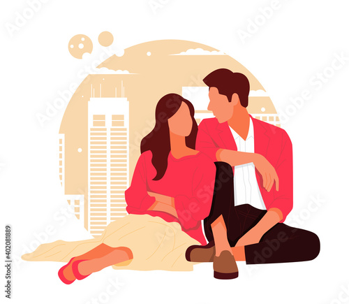 portrait of romantic couple posing in stylish outfits, for valentine's day. flat design concept. vector illustration
