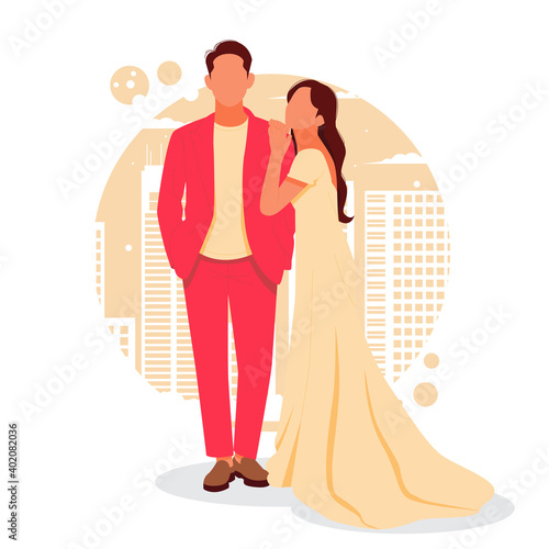portrait of romantic couple posing in stylish outfits, for valentine's day. flat design concept. vector illustration