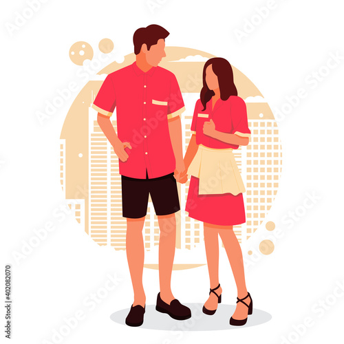 portrait of romantic couple posing in stylish outfits, for valentine's day. flat design concept. vector illustration