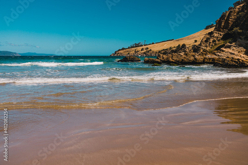 pristine wild landscape at Clifton Beach in Tasmania  Australia with wavy blue ocean and golden sand next to a rugged coastline