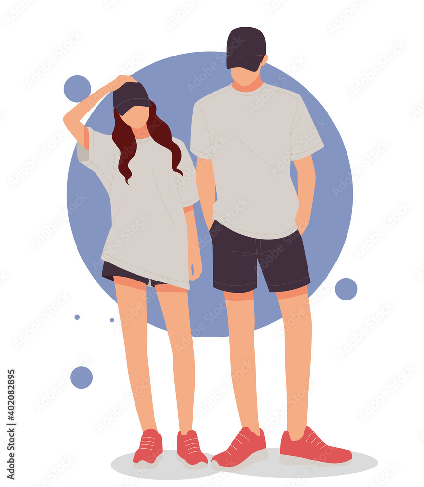 portrait of romantic couple posing in stylish outfits, for valentine's day. flat design concept. vector illustration portrait of romantic couple posing in stylish outfits, for valentine's day. flat design concept. vector illustration