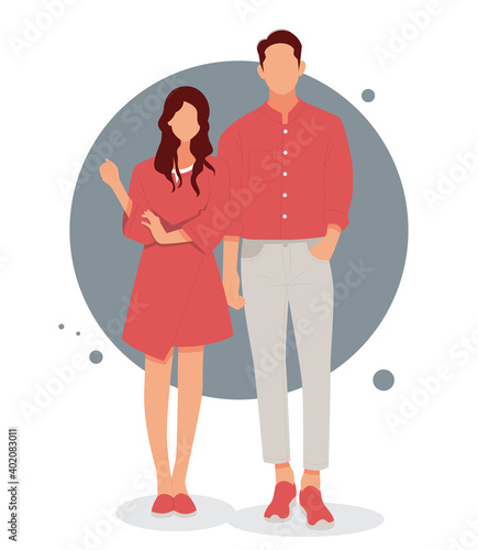 portrait of romantic couple posing in stylish outfits, for valentine's day. flat design vector illustration