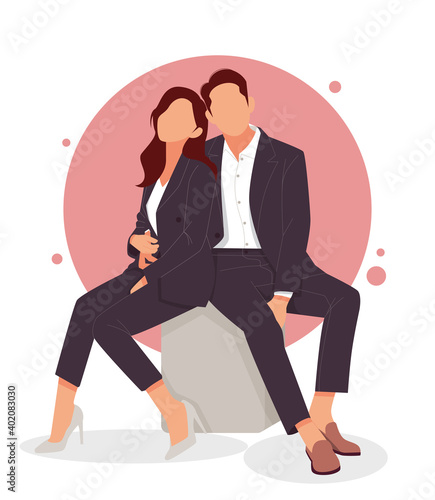 portrait of romantic couple posing in stylish outfits, for valentine's day. flat design vector illustration