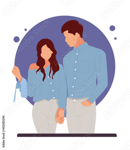 portrait of romantic couple posing in stylish outfits, for valentine's day. flat design vector illustration