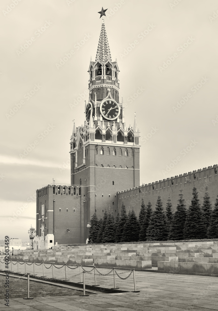 Spasskaya tower of the Moscow Kremlin. Symbol of the capital, medieval fortress, wall, clock, star on the hipped roof. Architecture of the XV-XVII centuries, a UNESCO monument