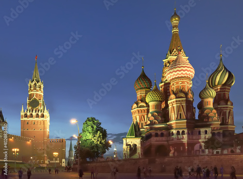 Red square from St. Basil's descent. Spasskaya tower of the Moscow Kremlin, St. Basil's Cathedral with night illumination. Architectural monuments of the XV-XVII centuries