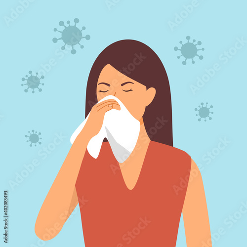 A woman cover her sneeze with handkerchief vector illustration. Sneezing female with virus around. Covid-19 Coronavirus disease. Season allergy.