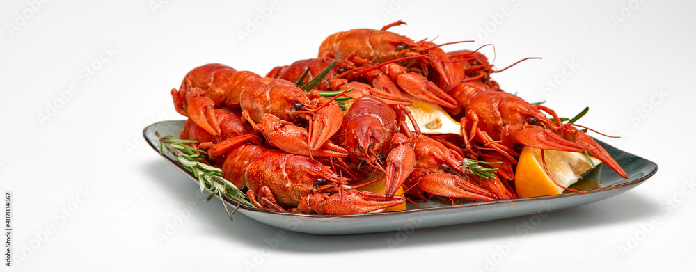 Crayfish-boiled river crayfish on a white background.Space for text.