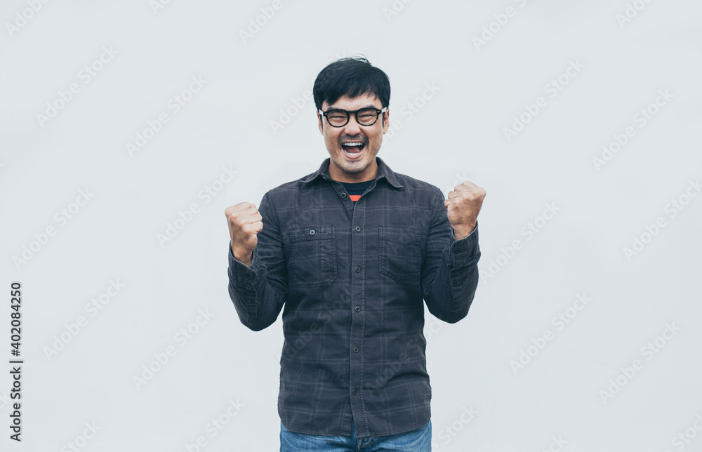 Naklejka premium adult asian man.young male wear eye glasses.posing smiling look excited surprised thinking positive happy joy life.empty,copy space for text advertising.white background.attractive fashion people