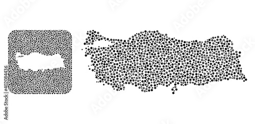 Map of Turkey collage created with circle dots and subtracted shape. Vector map of Turkey composition of round dots in different sizes and silver color tinges. Created for education projects.