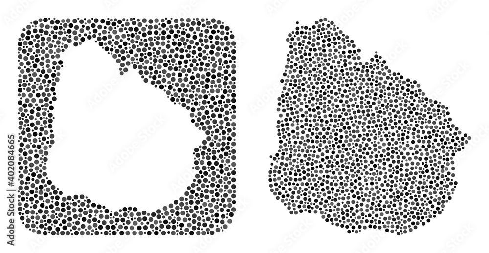 Map of Uruguay mosaic created with circle items and subtracted shape. Vector map of Uruguay mosaic of circle elements in various sizes and silver shades. Created for abstract doctrines. Map of Uruguay mosaic created with circle items and subtracted shape. Vector map of Uruguay mosaic of circle elements in various sizes and silver shades. Created for abstract doctrines.