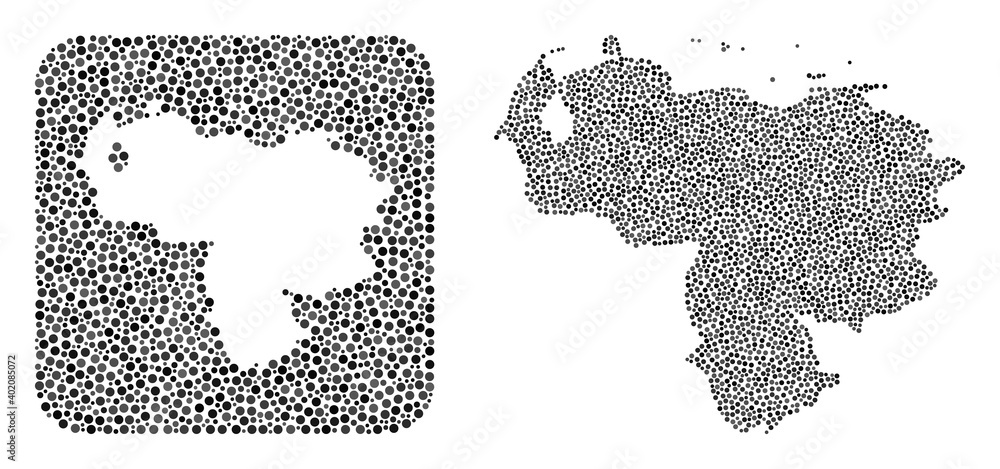 Obraz premium Map of Venezuela mosaic created with circle items and stencil. Vector map of Venezuela mosaic of spheric dots in variable sizes and gray color tinges. Created for abstract agitation.