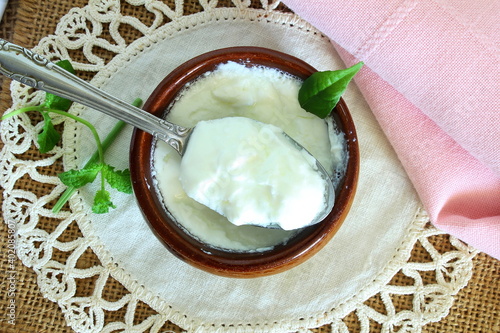 homemade indian dahi or curd,yogurt,sour cream in pot with spoon isolated photo