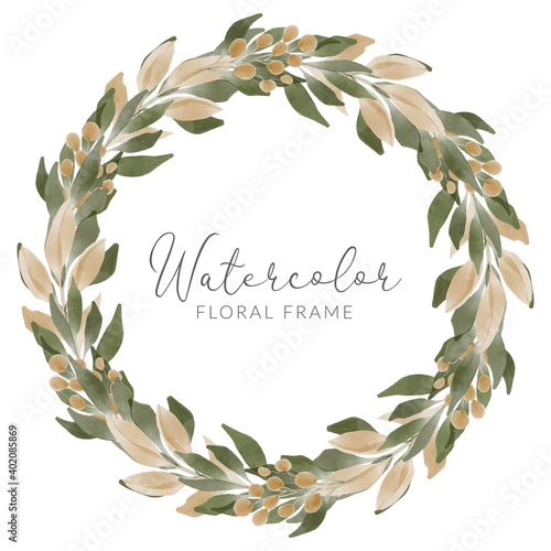 watercolor green leaf circle wreath with golden foliage